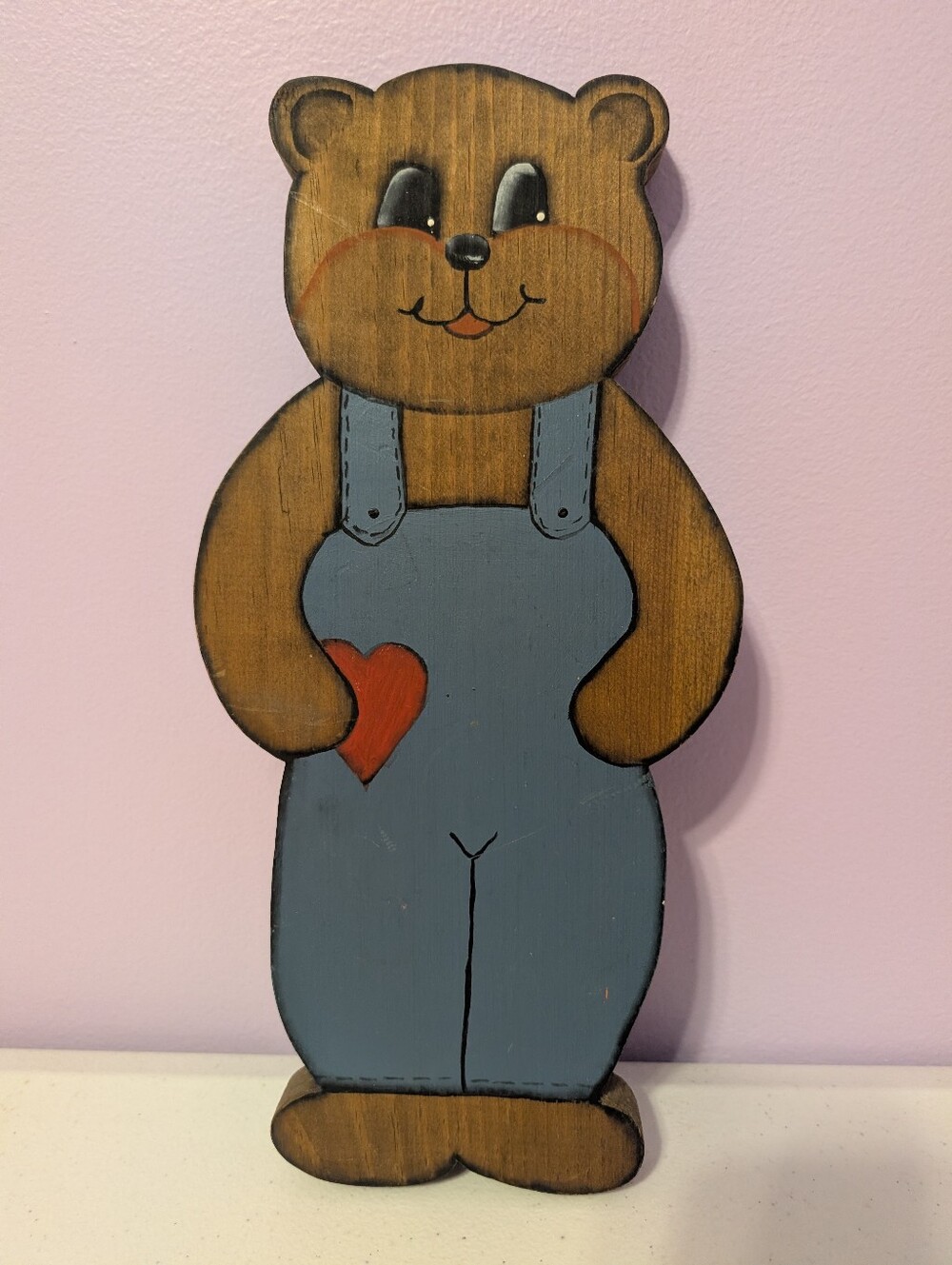 Vintage Handmade Wooden Teddy Bear overalls Wall Hanging 80's Cottagecore